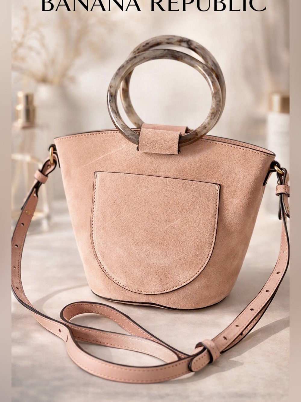 Banana Republic pink suede bucket bag statement purse crossbody round handles